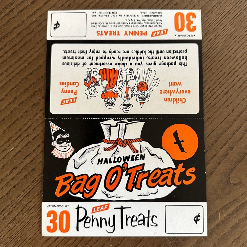 Vintage 1954 Leaf Penny Treats Halloween Bag O Treats Candy Header Card Ephemera